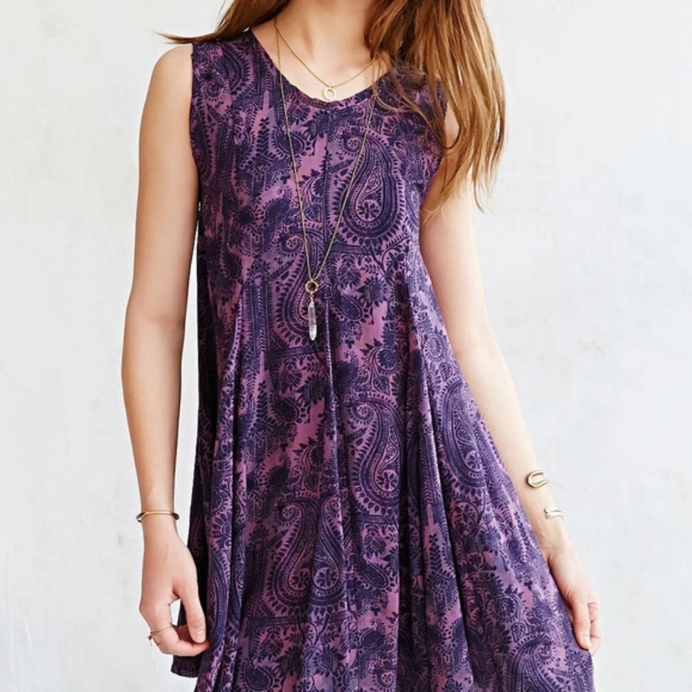 UO Ecote Clary Printed Godet Trapeze Purple Dress